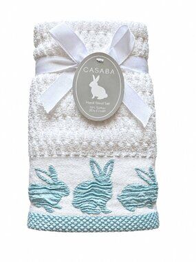 Casaba Hand Towels Easter Baby Appliqued Embroidered White Blue Bunnies Set of 2